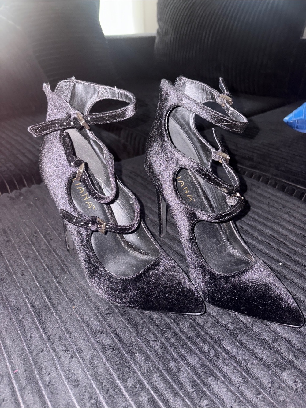 Liliana Black Velvet Multi-Strap Pointed Stiletto Heels